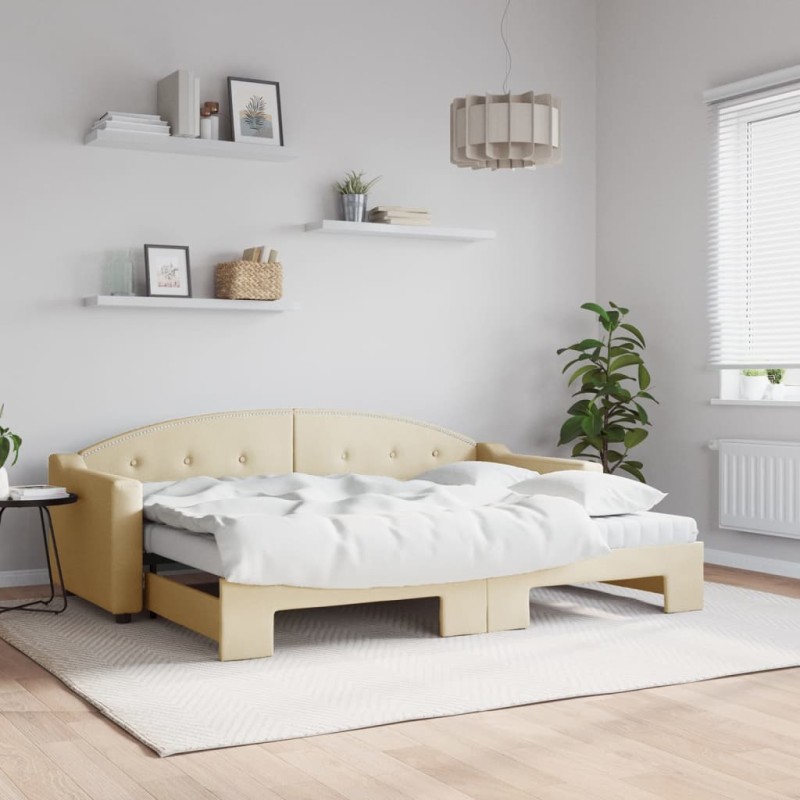 vidaXL Tagesbett Ausziehbar mit Matratzen Creme 80x200 cm Stoff vidaXL Tagesbett Ausziehbar mit Matratzen Creme 80x200 cm Stoff