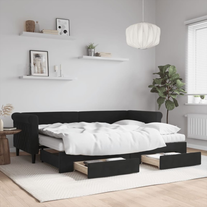vidaXL Tagesbett Ausziehbar mit Schubladen Schwarz 80x200 cm Samt vidaXL Tagesbett Ausziehbar mit Schubladen Schwarz 80x200 cm Samt