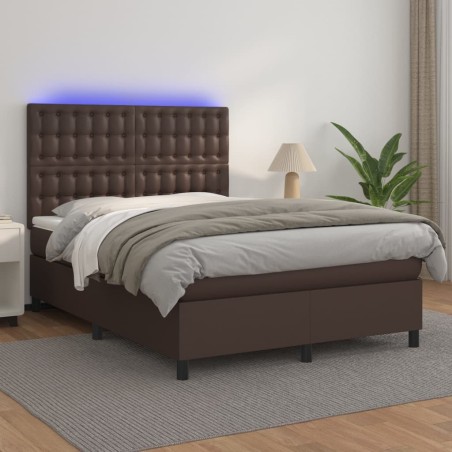 vidaXL Boxspringbett mit Matratze & LED Braun 140x190 cm Kunstleder