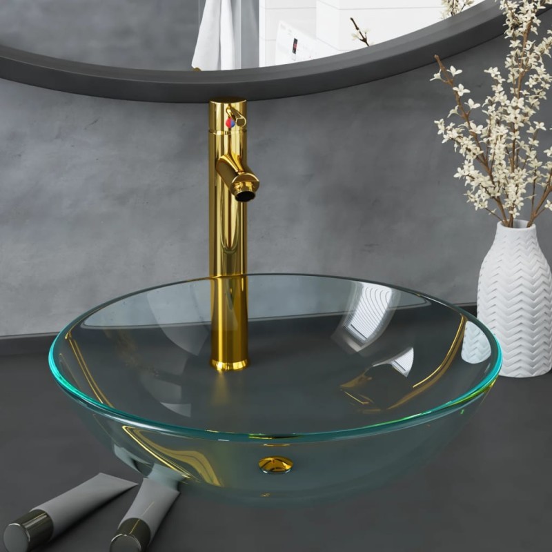 vidaXL Waschbecken mit Wasserhahn und Ablaufgarnitur aus gehärtetem Klarglas vidaXL Waschbecken mit Wasserhahn und Ablaufgarnitur aus gehärtetem Klarglas