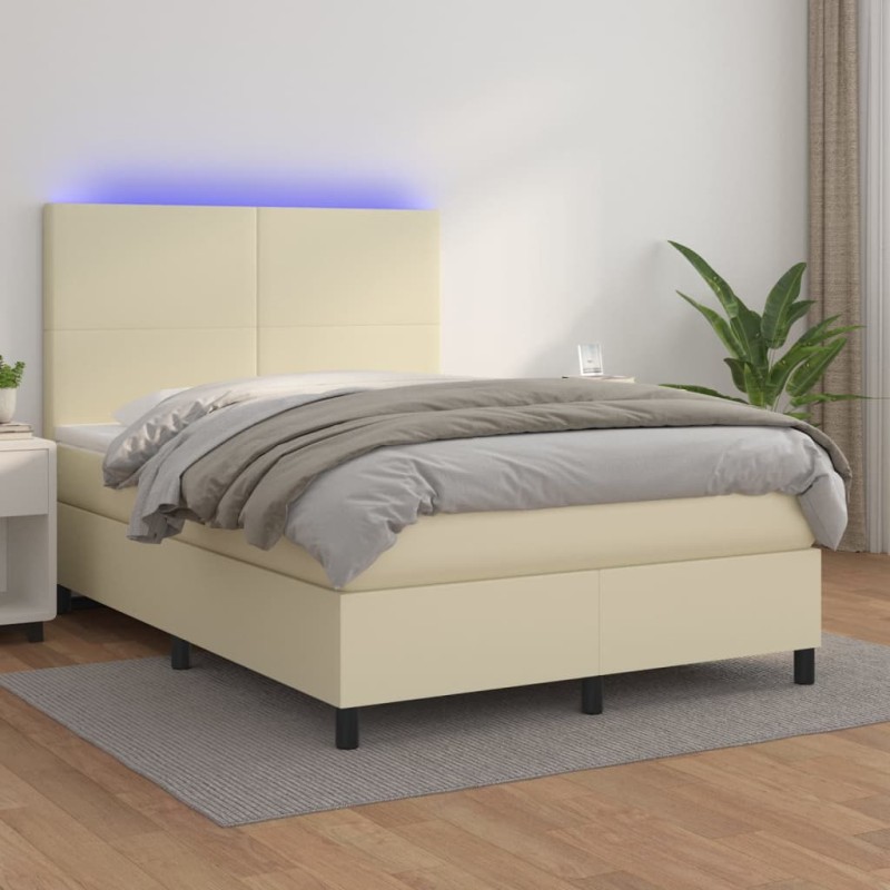 vidaXL Boxspringbett mit Matratze & LED Creme 140x190 cm Kunstleder vidaXL Boxspringbett mit Matratze & LED Creme 140x190 cm Kunstleder