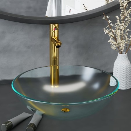 vidaXL Badezimmer Waschbecken mit Wasserhahn und Ablaufgarnitur aus mattiertem, gehärtetem Glas