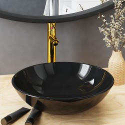 vidaXL Badezimmer Waschbecken mit Wasserhahn und Ablaufgarnitur Schwarz gehärtetes Glas