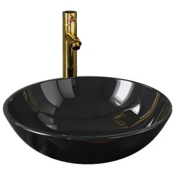 vidaXL Badezimmer Waschbecken mit Wasserhahn und Ablaufgarnitur Schwarz gehärtetes Glas
