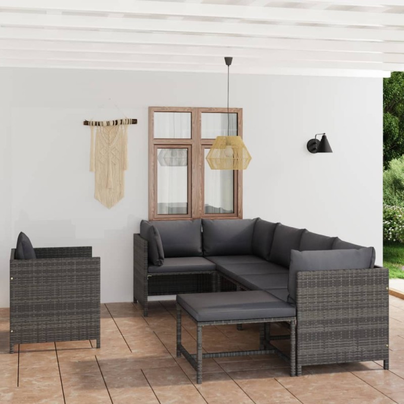 7-tlg. Garten-Lounge-Set mit Kissen Poly Rattan Grau 7-tlg. Garten-Lounge-Set mit Kissen Poly Rattan Grau