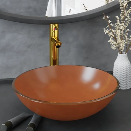vidaXL Badezimmer Waschbecken mit Wasserhahn und Ablaufgarnitur Braun Gehärtetes Glas
