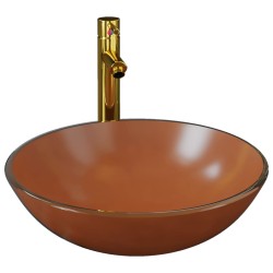 vidaXL Badezimmer Waschbecken mit Wasserhahn und Ablaufgarnitur Braun Gehärtetes Glas
