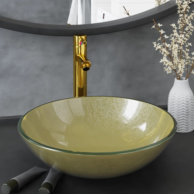 vidaXL Badezimmer Waschbecken mit Wasserhahn und Ablaufgarnitur Gold mattiertes gehärtetes Glas vidaXL Badezimmer Waschbecken mit Wasserhahn und Ablaufgarnitur Gold mattiertes gehärtetes Glas