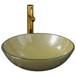 vidaXL Badezimmer Waschbecken mit Wasserhahn und Ablaufgarnitur Gold mattiertes gehärtetes Glas