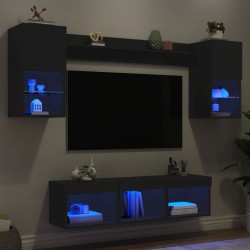 vidaXL 7-tlg. Wohnwand mit LED-Beleuchtung Schwarz Holzwerkstoff