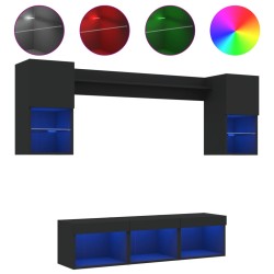 vidaXL 7-tlg. Wohnwand mit LED-Beleuchtung Schwarz Holzwerkstoff