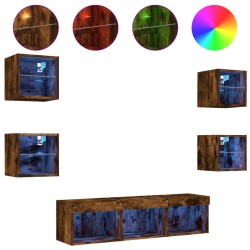 vidaXL 7-tlg. Wohnwand mit LED-Beleuchtung Räuchereiche Holzwerkstoff