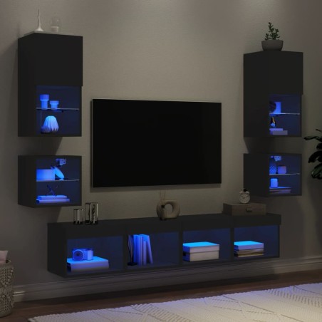 vidaXL 8-tlg. Wohnwand mit LED-Beleuchtung Schwarz Holzwerkstoff
