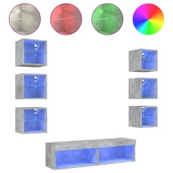 vidaXL 8-tlg. Wohnwand mit LED-Beleuchtung Betongrau Holzwerkstoff