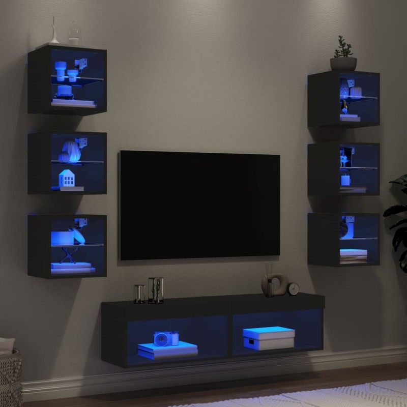 vidaXL 8-tlg. Wohnwand mit LED-Beleuchtung Schwarz Holzwerkstoff vidaXL 8-tlg. Wohnwand mit LED-Beleuchtung Schwarz Holzwerkstoff