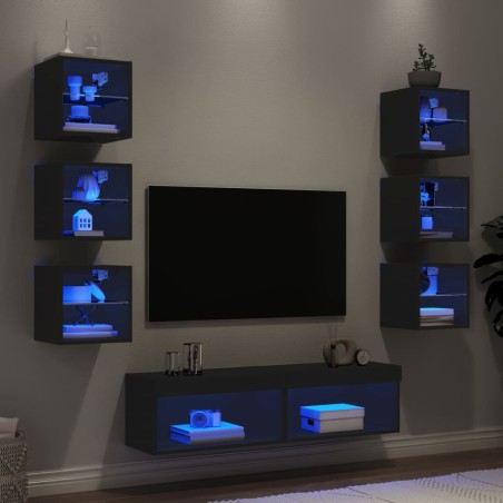 vidaXL 8-tlg. Wohnwand mit LED-Beleuchtung Schwarz Holzwerkstoff