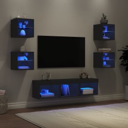 vidaXL 7-tlg. Wohnwand mit LED-Beleuchtung Schwarz Holzwerkstoff