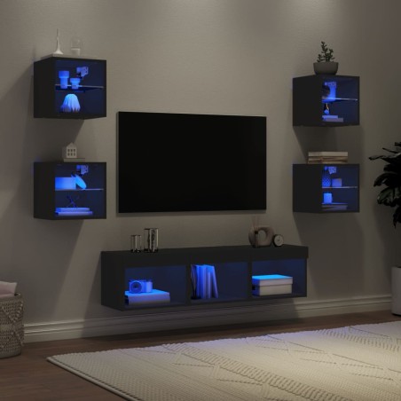 vidaXL 7-tlg. Wohnwand mit LED-Beleuchtung Schwarz Holzwerkstoff