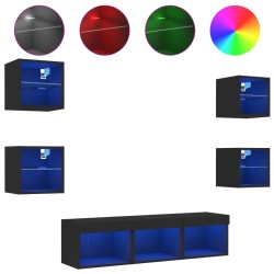 vidaXL 7-tlg. Wohnwand mit LED-Beleuchtung Schwarz Holzwerkstoff