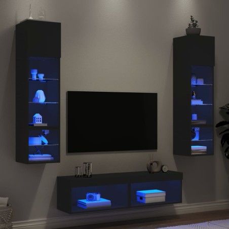 vidaXL 6-tlg. Wohnwand mit LED-Beleuchtung Schwarz Holzwerkstoff