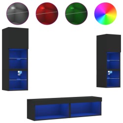 vidaXL 6-tlg. Wohnwand mit LED-Beleuchtung Schwarz Holzwerkstoff
