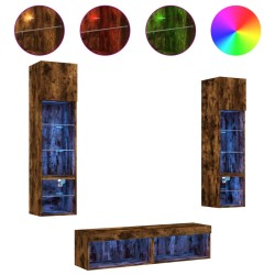 vidaXL 6-tlg. Wohnwand mit LED-Beleuchtung Räuchereiche Holzwerkstoff