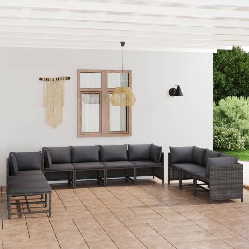 vidaXL 10-tlg. Garten-Lounge-Set mit Kissen Poly Rattan Grau vidaXL 10-tlg. Garten-Lounge-Set mit Kissen Poly Rattan Grau