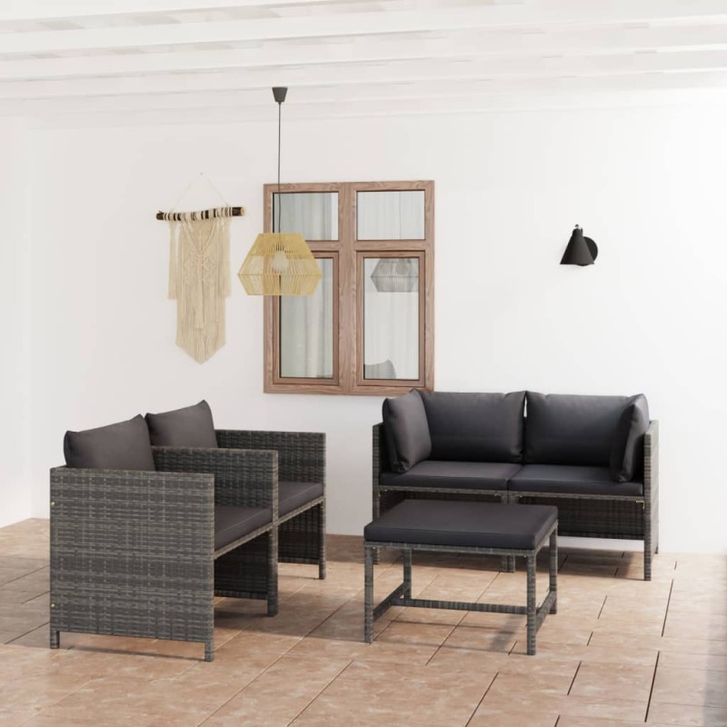5-tlg. Garten-Lounge-Set mit Kissen Poly Rattan Grau 5-tlg. Garten-Lounge-Set mit Kissen Poly Rattan Grau