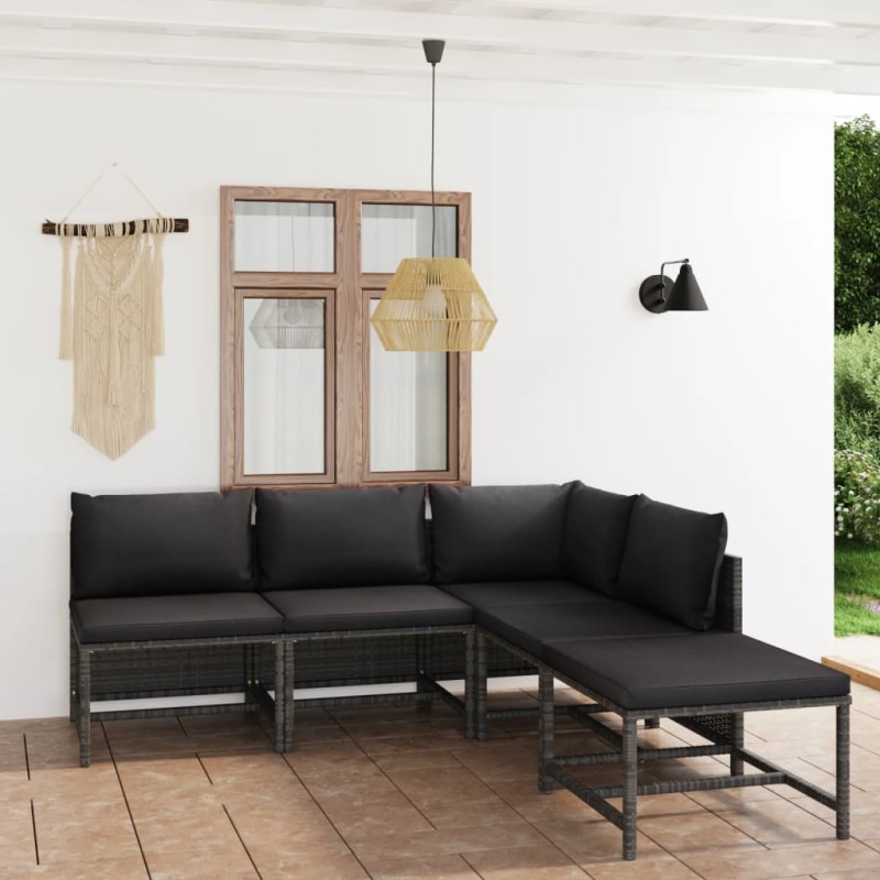 5-tlg. Garten-Lounge-Set mit Kissen Poly Rattan Grau 5-tlg. Garten-Lounge-Set mit Kissen Poly Rattan Grau