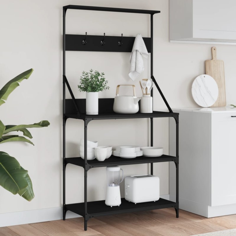vidaXL Bäckerregal mit Haken 4 Böden Schwarz Holzwerkstoff vidaXL Bäckerregal mit Haken 4 Böden Schwarz Holzwerkstoff