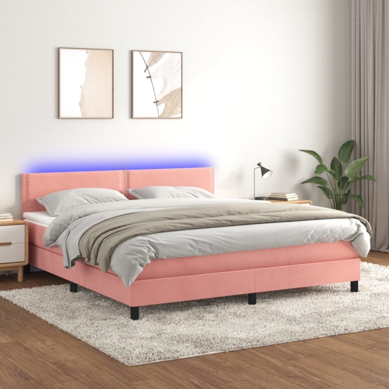 vidaXL Boxspringbett mit Matratze & LED Rosa 160x200 cm Samt vidaXL Boxspringbett mit Matratze & LED Rosa 160x200 cm Samt