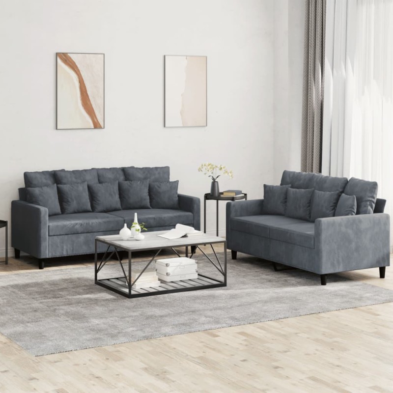 vidaXL 2-tlg. Sofagarnitur mit Kissen Dunkelgrau Samt vidaXL 2-tlg. Sofagarnitur mit Kissen Dunkelgrau Samt