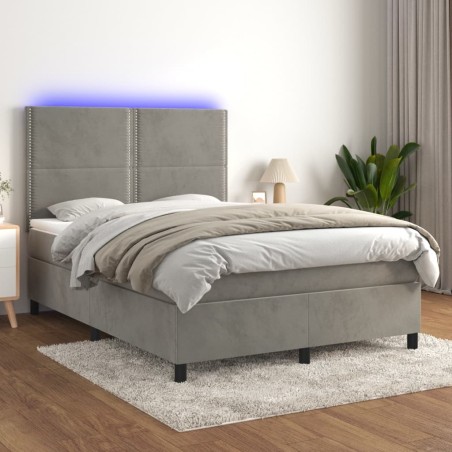 vidaXL Boxspringbett mit Matratze & LED Hellgrau 140x200 cm Samt