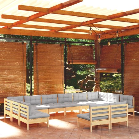vidaXL 12-tlg. Garten-Lounge-Set mit Grauen Kissen Kiefer Massivholz