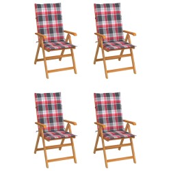 vidaXL Gartenstühle 4 Stk. Rote Karomuster-Kissen Massivholz Teak