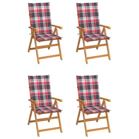 vidaXL Gartenstühle 4 Stk. Rote Karomuster-Kissen Massivholz Teak