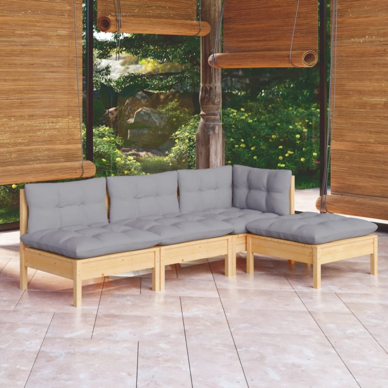 vidaXL 4-tlg. Garten-Lounge-Set mit Grauen Kissen Kiefernholz vidaXL 4-tlg. Garten-Lounge-Set mit Grauen Kissen Kiefernholz