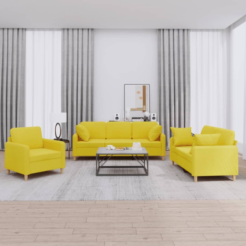 vidaXL 3-tlg. Sofagarnitur mit Kissen Hellgelb Stoff vidaXL 3-tlg. Sofagarnitur mit Kissen Hellgelb Stoff