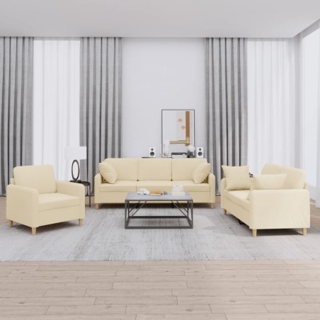vidaXL 3-tlg. Sofagarnitur mit Kissen Creme Stoff