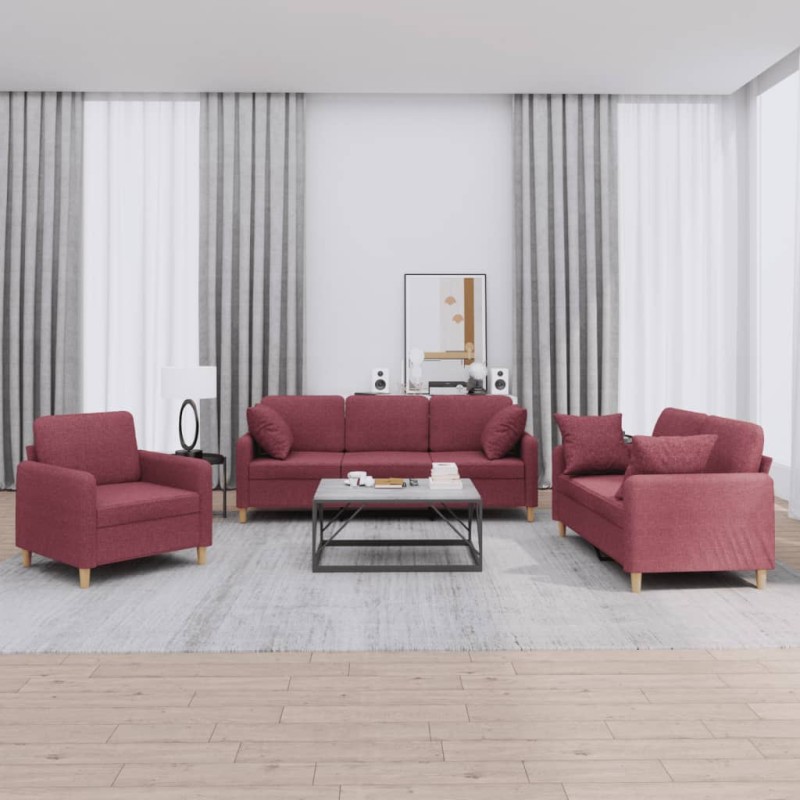 vidaXL 3-tlg. Sofagarnitur mit Kissen Weinrot Stoff vidaXL 3-tlg. Sofagarnitur mit Kissen Weinrot Stoff
