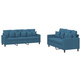 vidaXL 2-tlg. Sofagarnitur mit Kissen Blau Samt