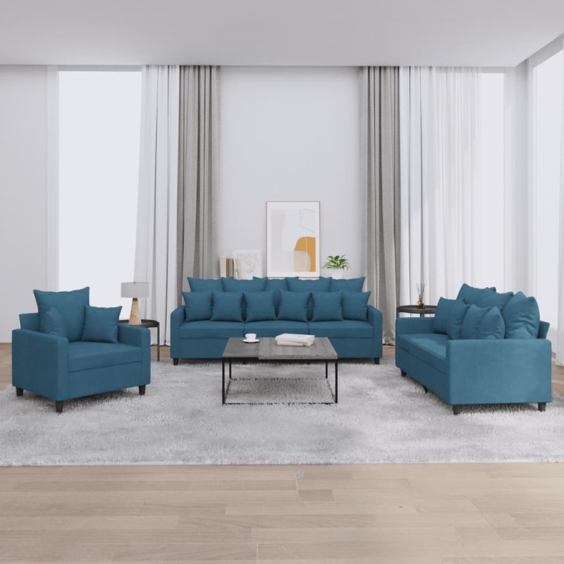 vidaXL 3-tlg. Sofagarnitur mit Kissen Blau Samt vidaXL 3-tlg. Sofagarnitur mit Kissen Blau Samt
