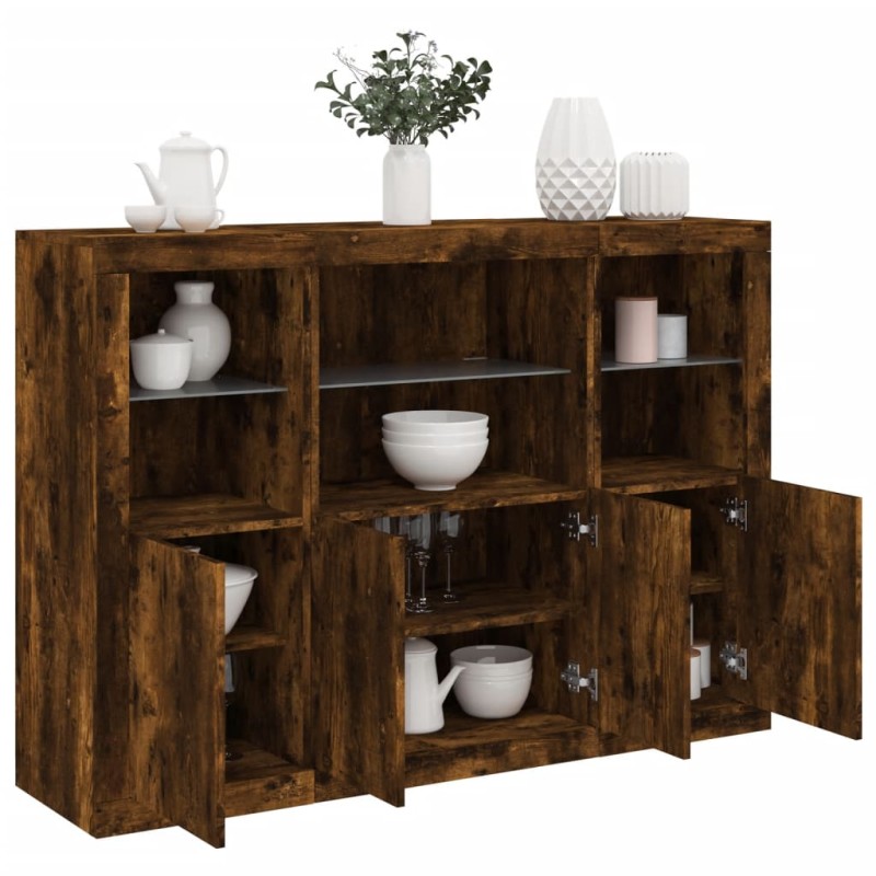vidaXL Sideboards mit LED-Leuchten 3 Stk. Räuchereiche Holzwerkstoff vidaXL Sideboards mit LED-Leuchten 3 Stk. Räuchereiche Holzwerkstoff