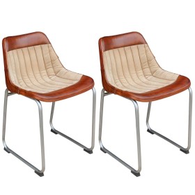 vidaXL Esszimmerstühle 2 Stk. Braun und Beige Echtleder und Canvas