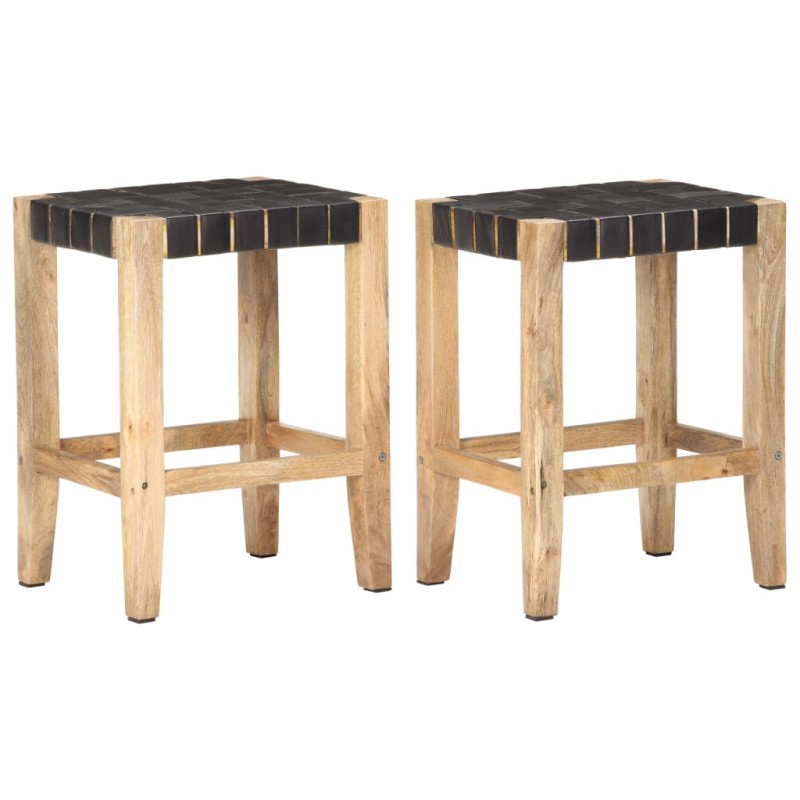 vidaXL Barhocker 2 Stk. Schwarz Echtleder Massivholz Mango 46x36x60 cm vidaXL Barhocker 2 Stk. Schwarz Echtleder Massivholz Mango 46x36x60 cm