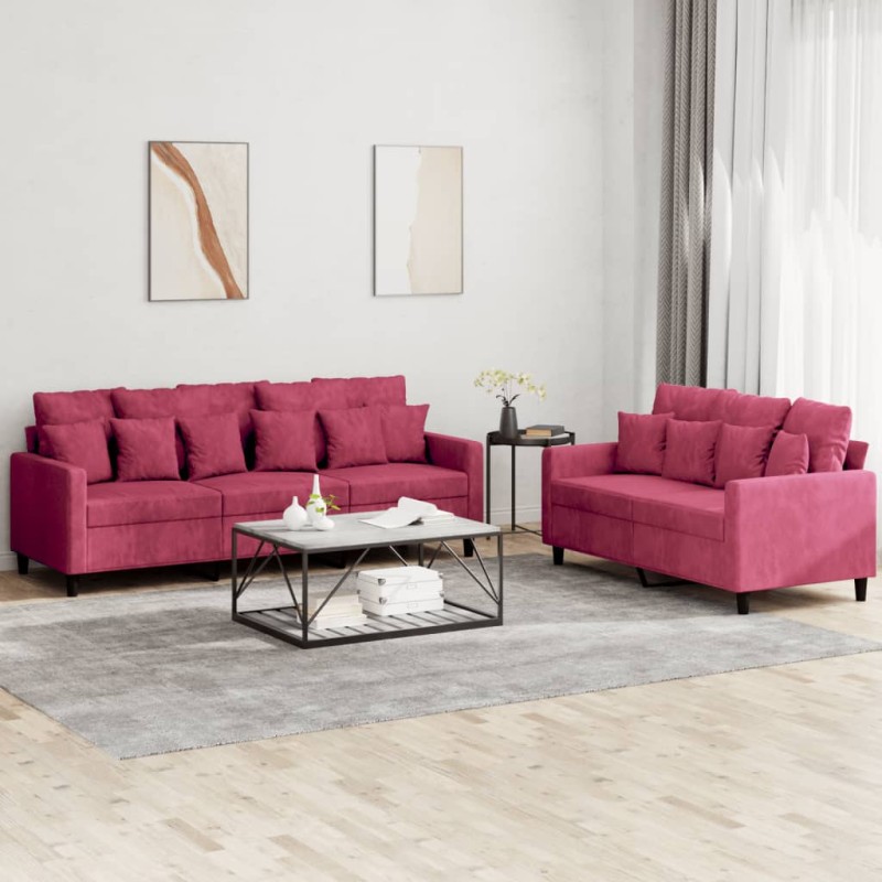 vidaXL 2-tlg. Sofagarnitur mit Kissen Weinrot Samt vidaXL 2-tlg. Sofagarnitur mit Kissen Weinrot Samt