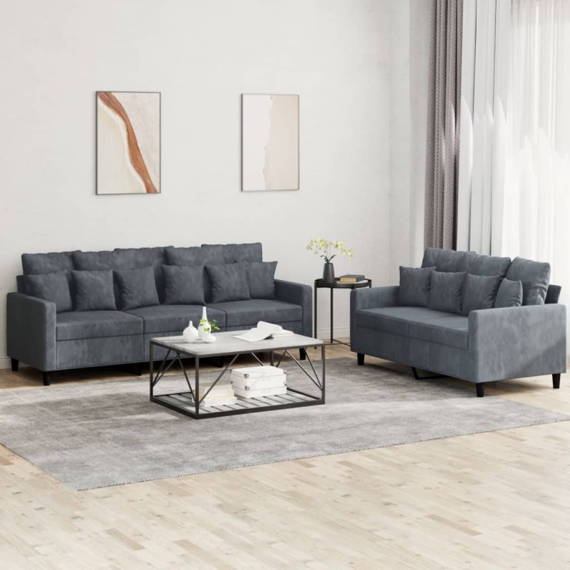 vidaXL 2-tlg. Sofagarnitur mit Kissen Dunkelgrau Samt vidaXL 2-tlg. Sofagarnitur mit Kissen Dunkelgrau Samt