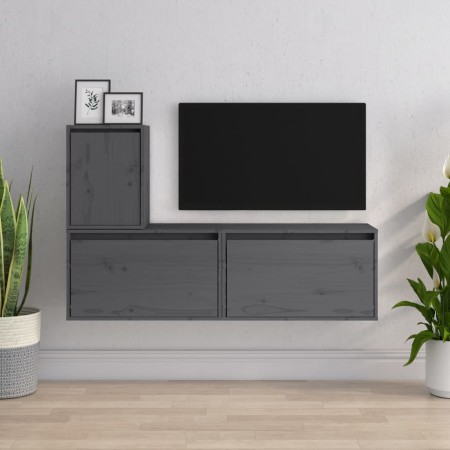 vidaXL TV-Schränke 3 Stk. Grau Massivholz Kiefer