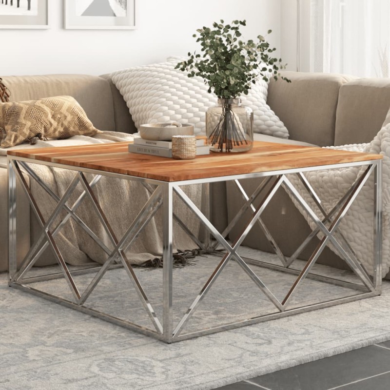 vidaXL Couchtisch Silbern Edelstahl und Massivholz Akazie vidaXL Couchtisch Silbern Edelstahl und Massivholz Akazie