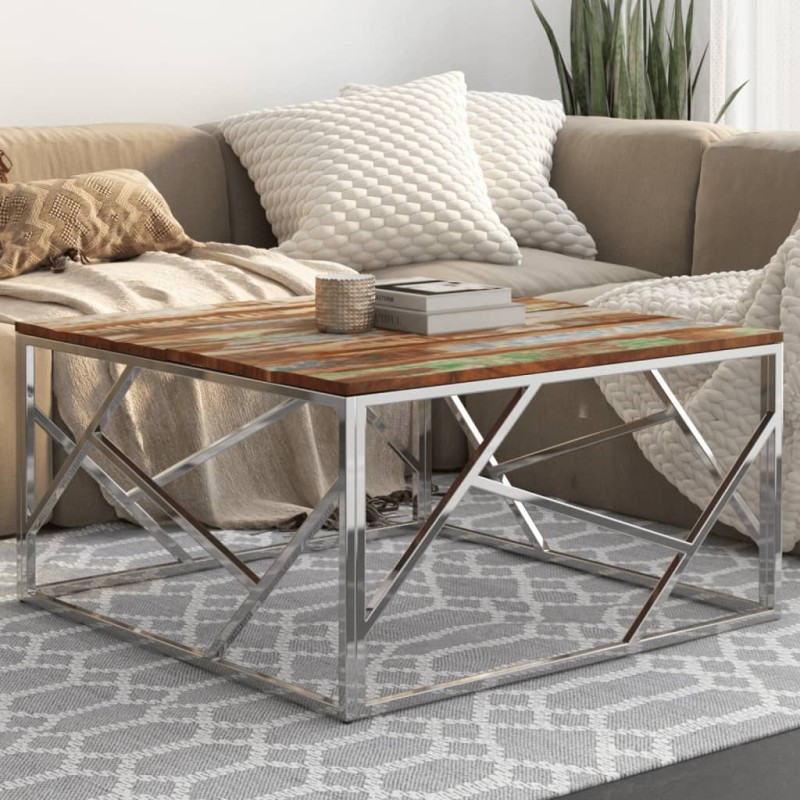 vidaXL Couchtisch Silbern Edelstahl und Altholz Massiv vidaXL Couchtisch Silbern Edelstahl und Altholz Massiv